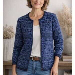 Talbots - Vintage 100% Cotton Zip Cardigan – Blue Geometric Knit (M)